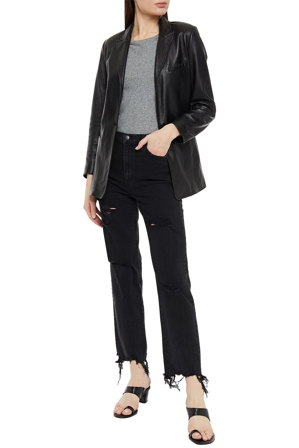 J BRAND Jules leather-trimmed distressed high-rise straight-leg jeans