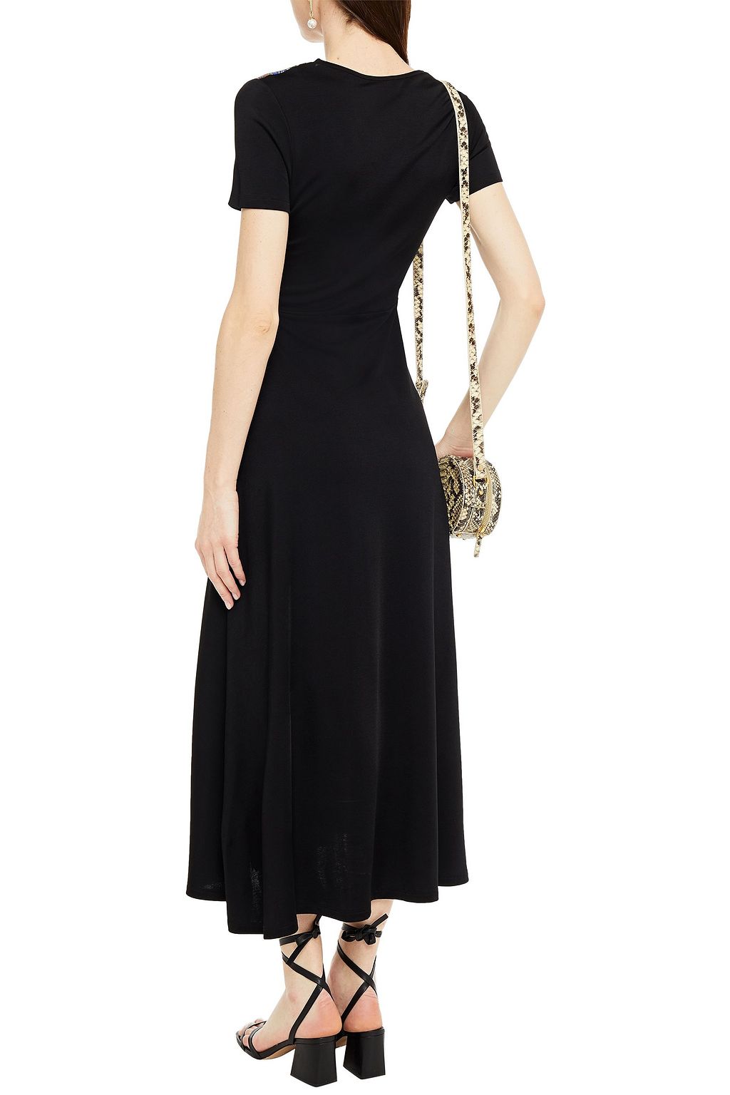 SANDRO Rabba printed satin twill-paneled jersey midi dress