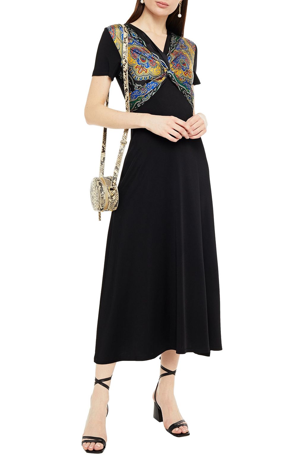 SANDRO Rabba printed satin twill-paneled jersey midi dress