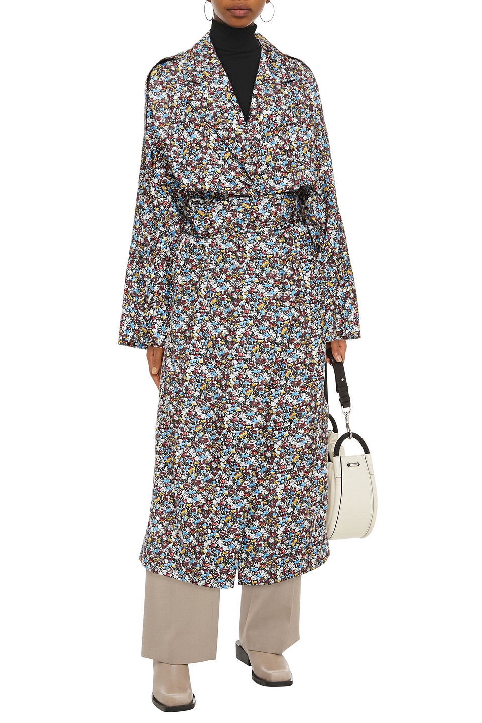 Victoria Beckham Belted Floral-print Shell Trench Coat In Black