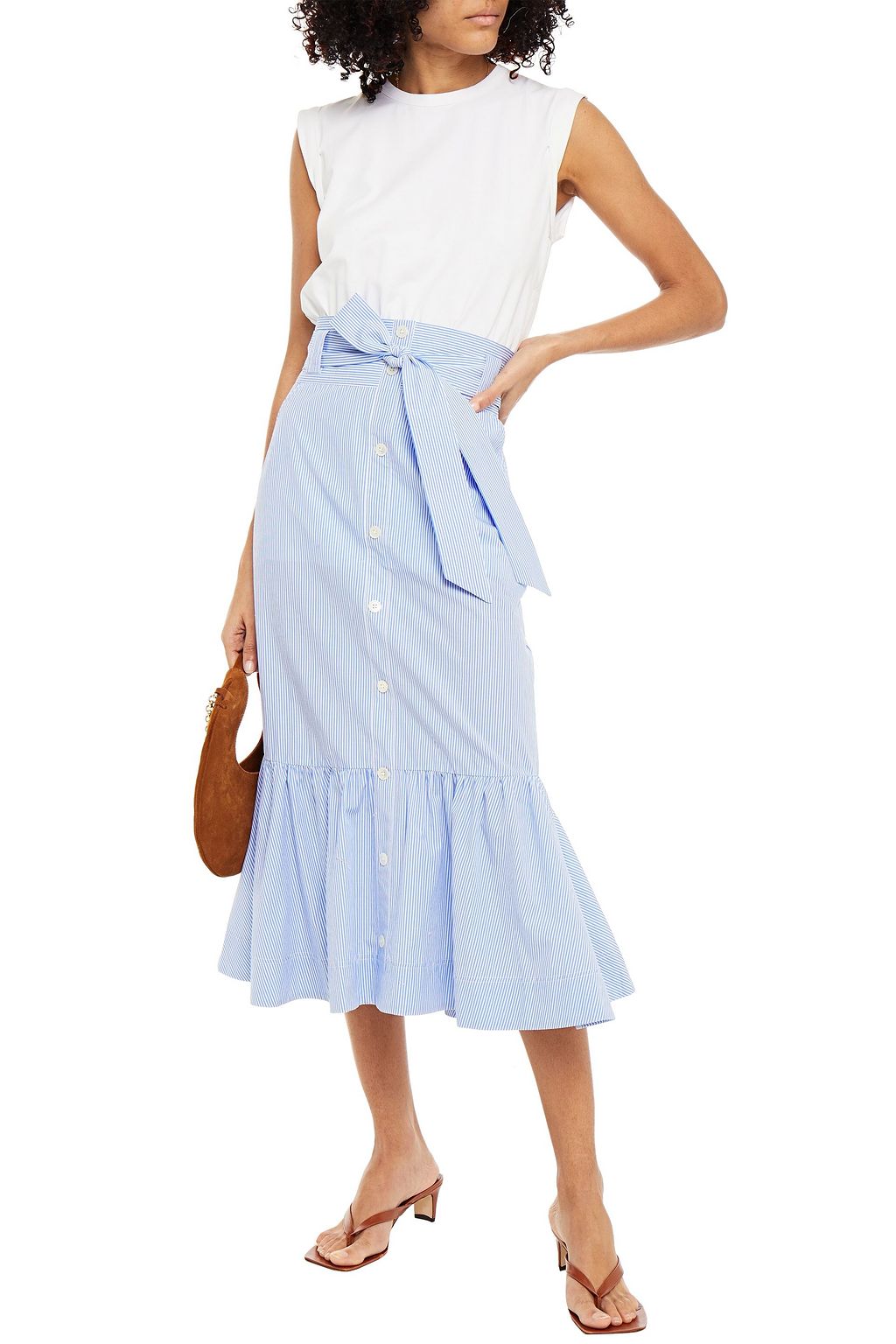 VERONICA BEARD Capri fluted paneled cotton-blend jersey and striped poplin midi dress