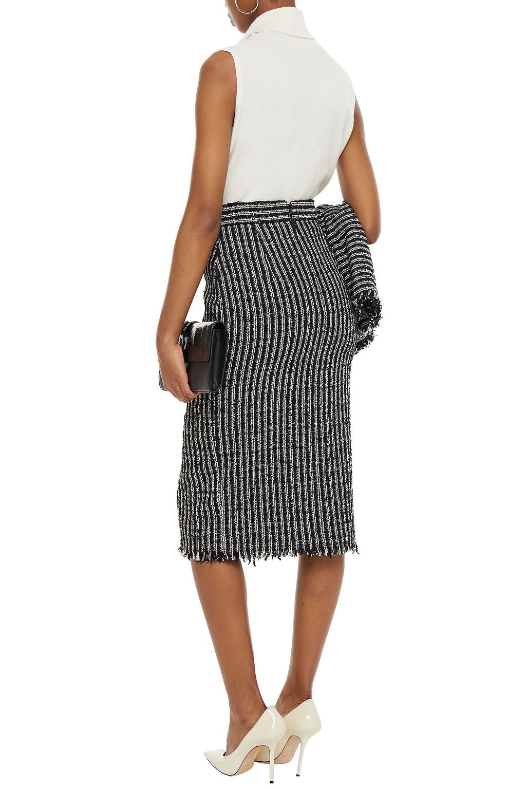 MCQUEEN Frayed cotton-blend bouclé-tweed midi skirt