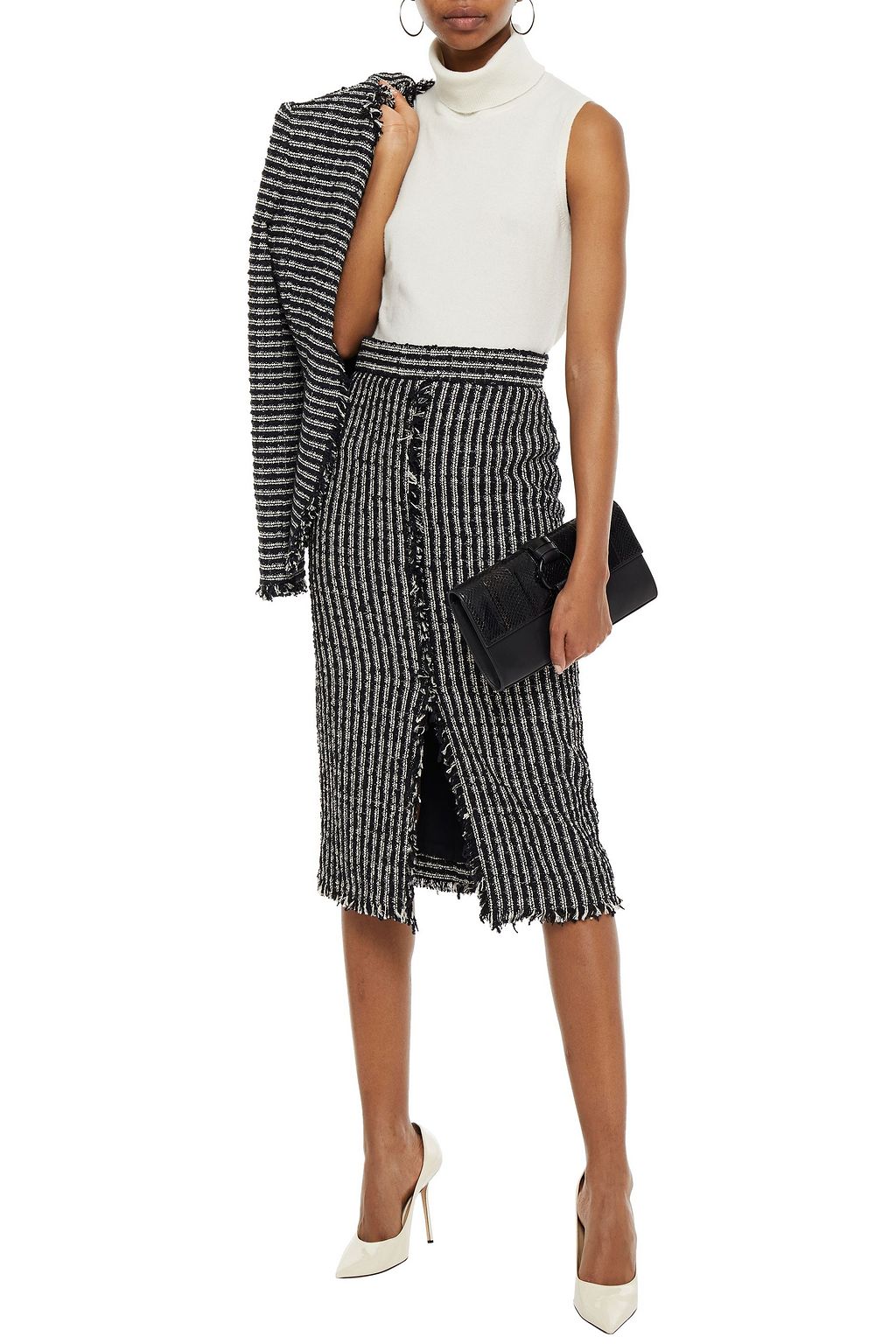 MCQUEEN Frayed cotton-blend bouclé-tweed midi skirt