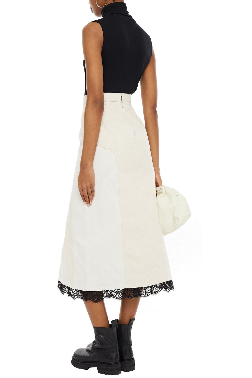 MCQUEEN Lace-trimmed paneled denim midi skirt