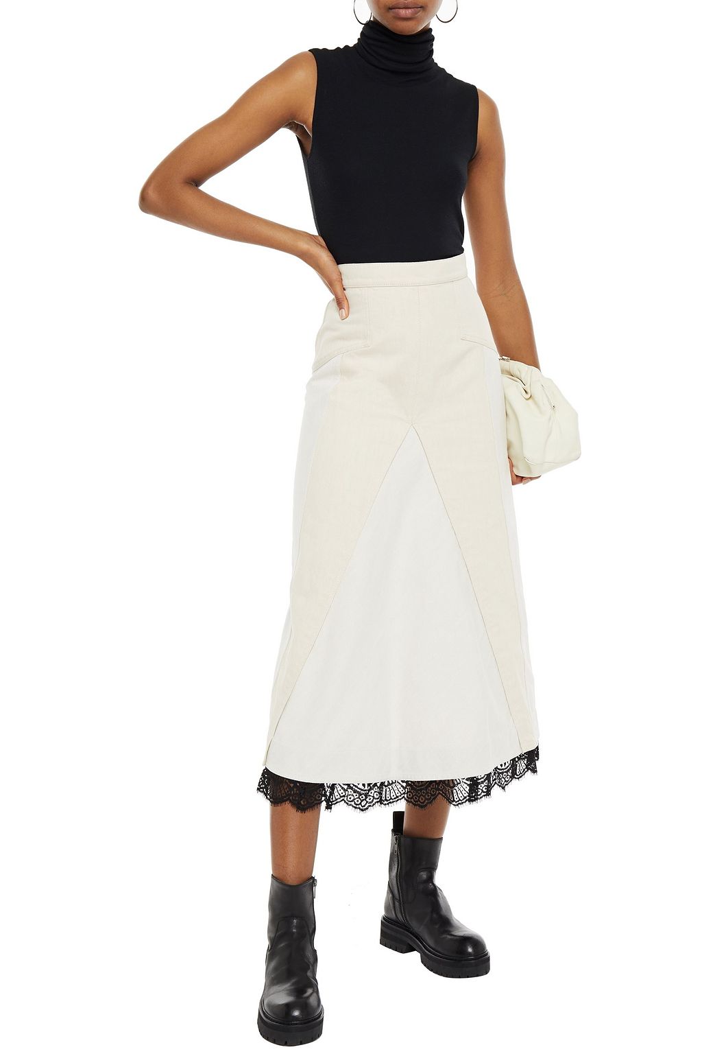MCQUEEN Lace-trimmed paneled denim midi skirt