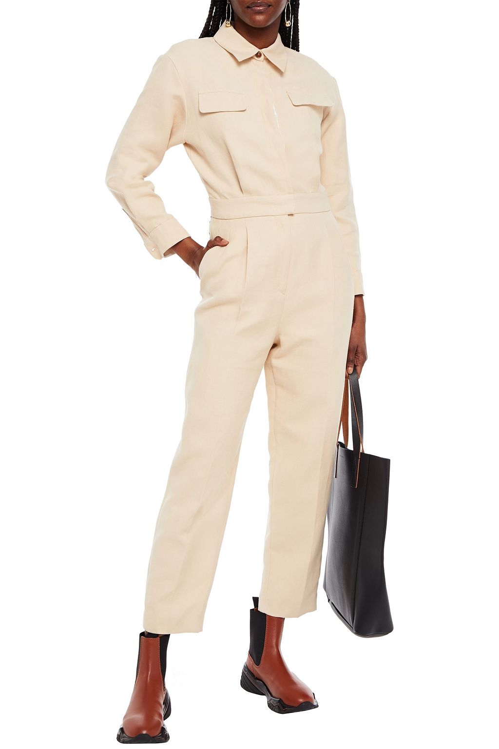 SANDRO Uno pleated cotton and linen-blend twill jumpsuit