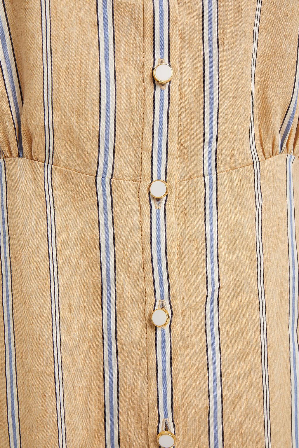 SANDRO Rosita gathered striped linen-blend midi shirt dress