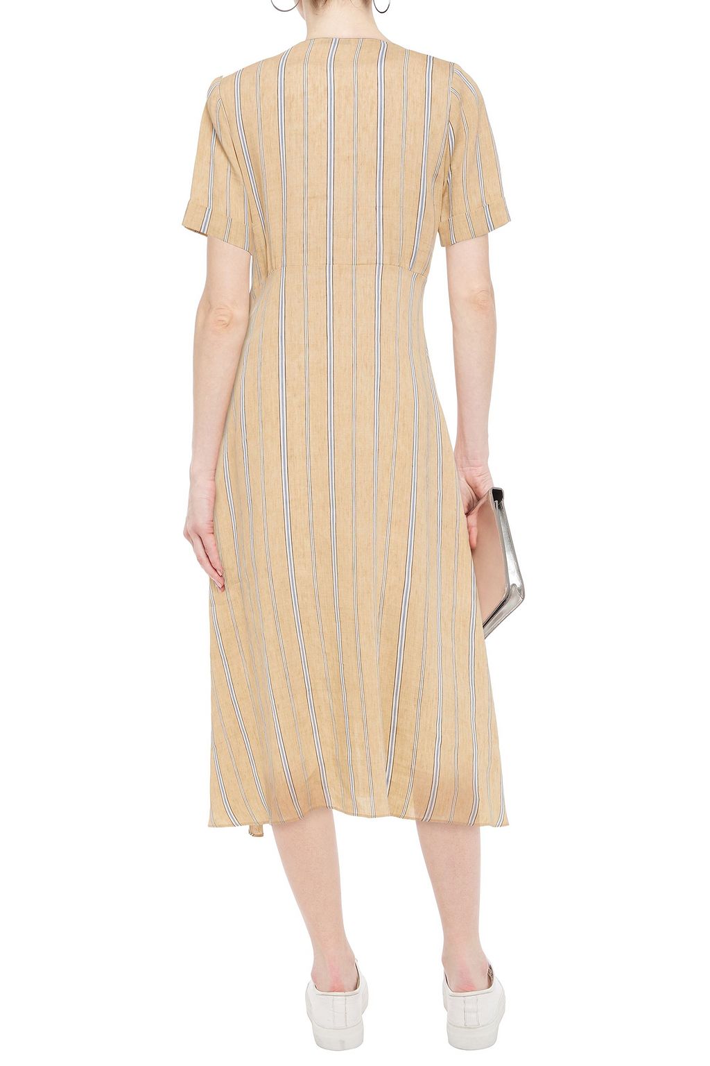 SANDRO Rosita gathered striped linen-blend midi shirt dress