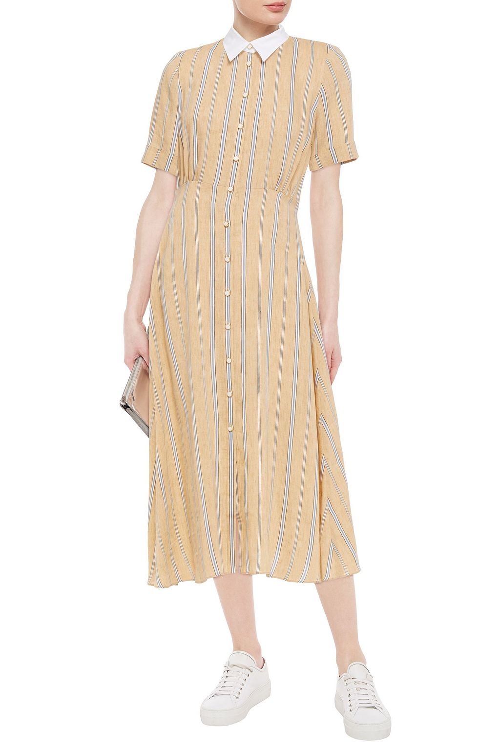 SANDRO Rosita gathered striped linen-blend midi shirt dress