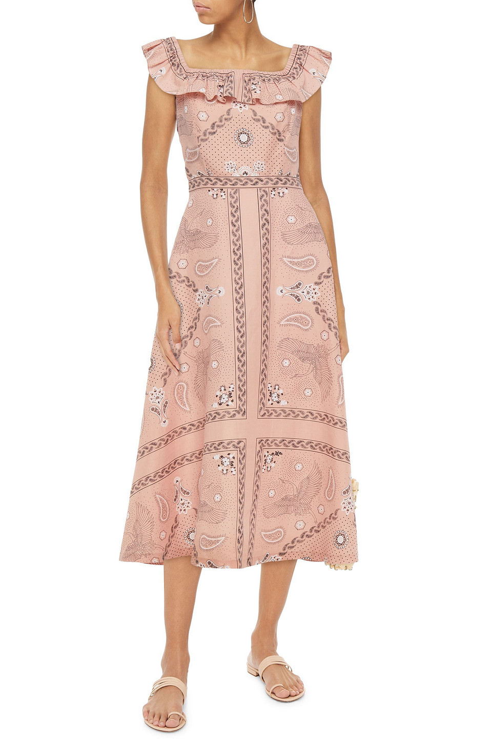 Sandro Gale Ruffle-trimmed Printed Linen And Cotton-blend Midi Dress In Antique Rose