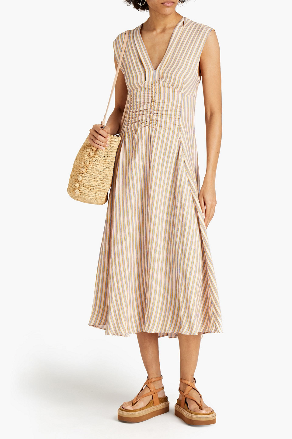 Sandro Anym Ruched Embroidered Striped Twill Midi Dress In Blush