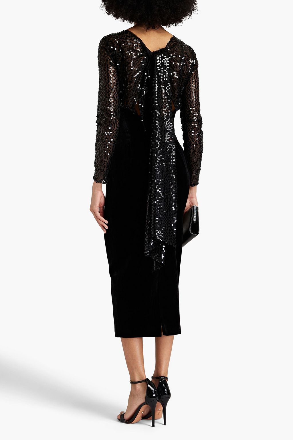 RASARIO Cutout sequin-embellished tulle-paneled velvet midi dress