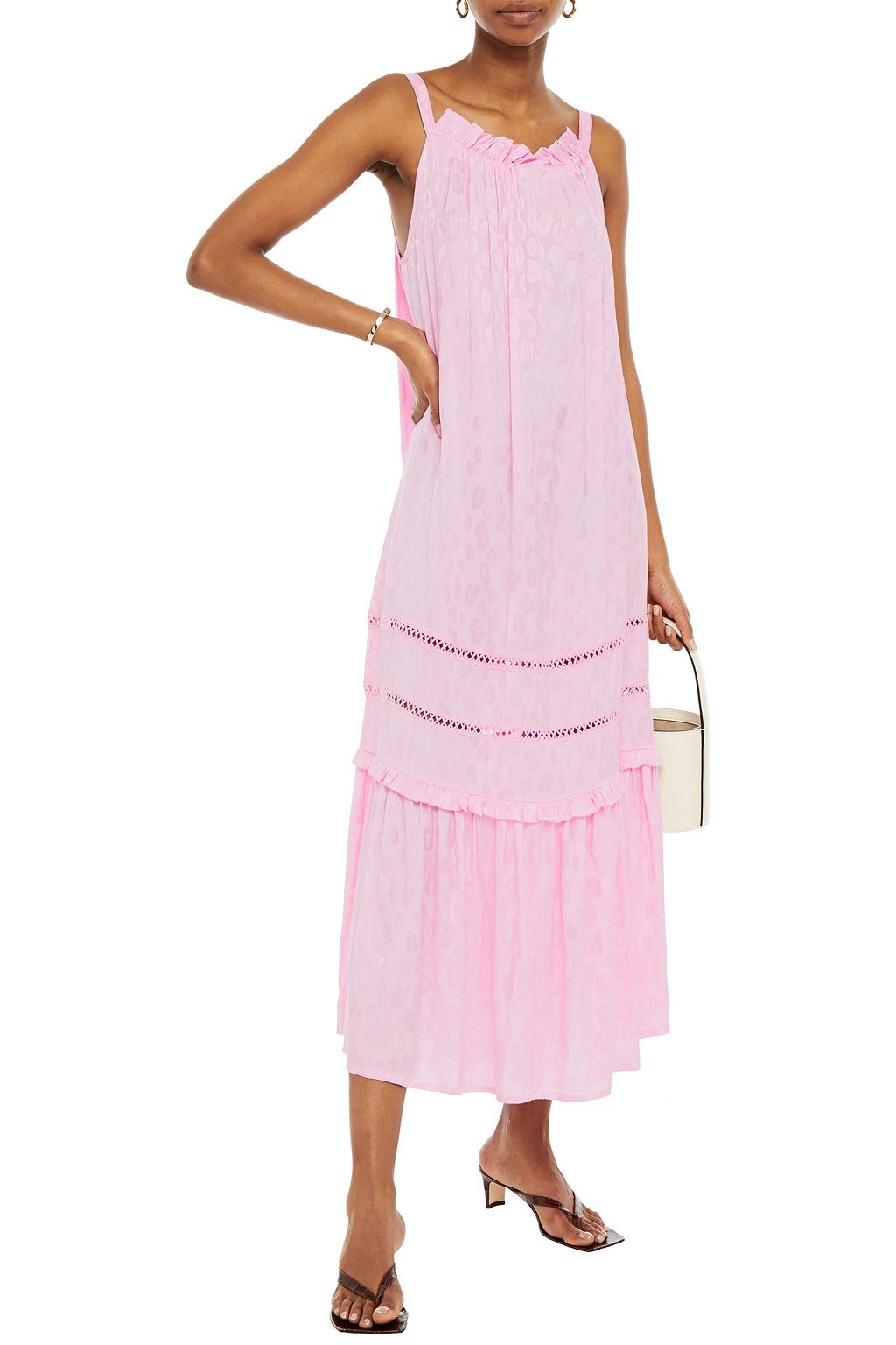 SUMMERY COPENHAGEN Gathered ruffle-trimmed leopard-jacquard maxi dress