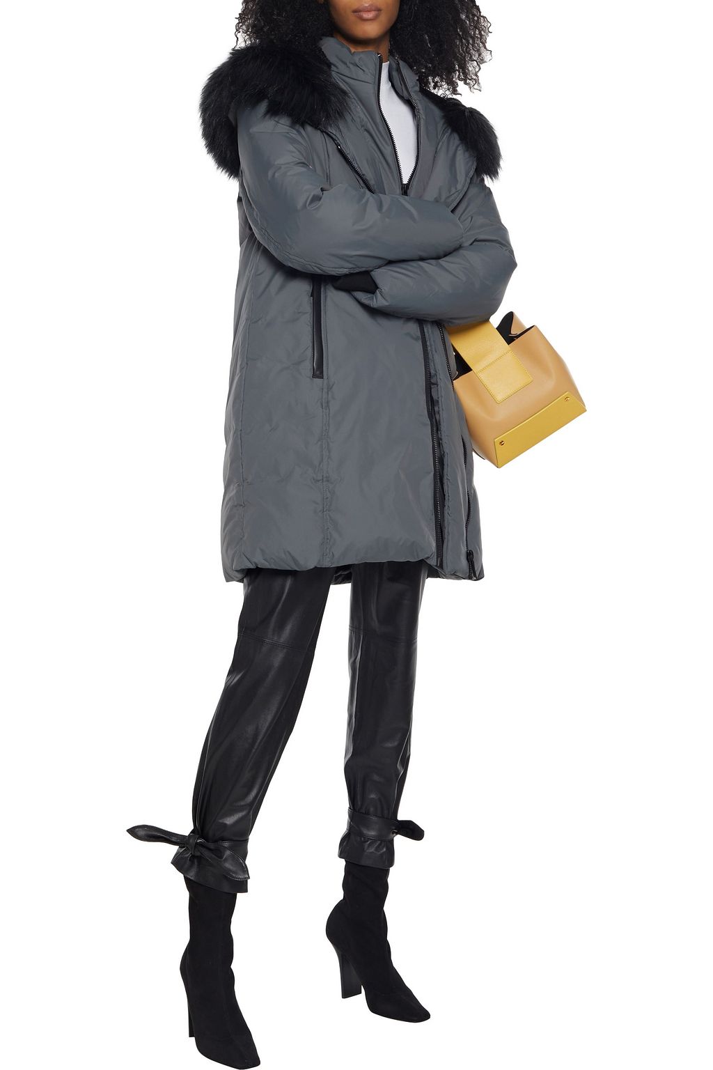 DKNY Faux fur-trimmed quilted shell hooded coat