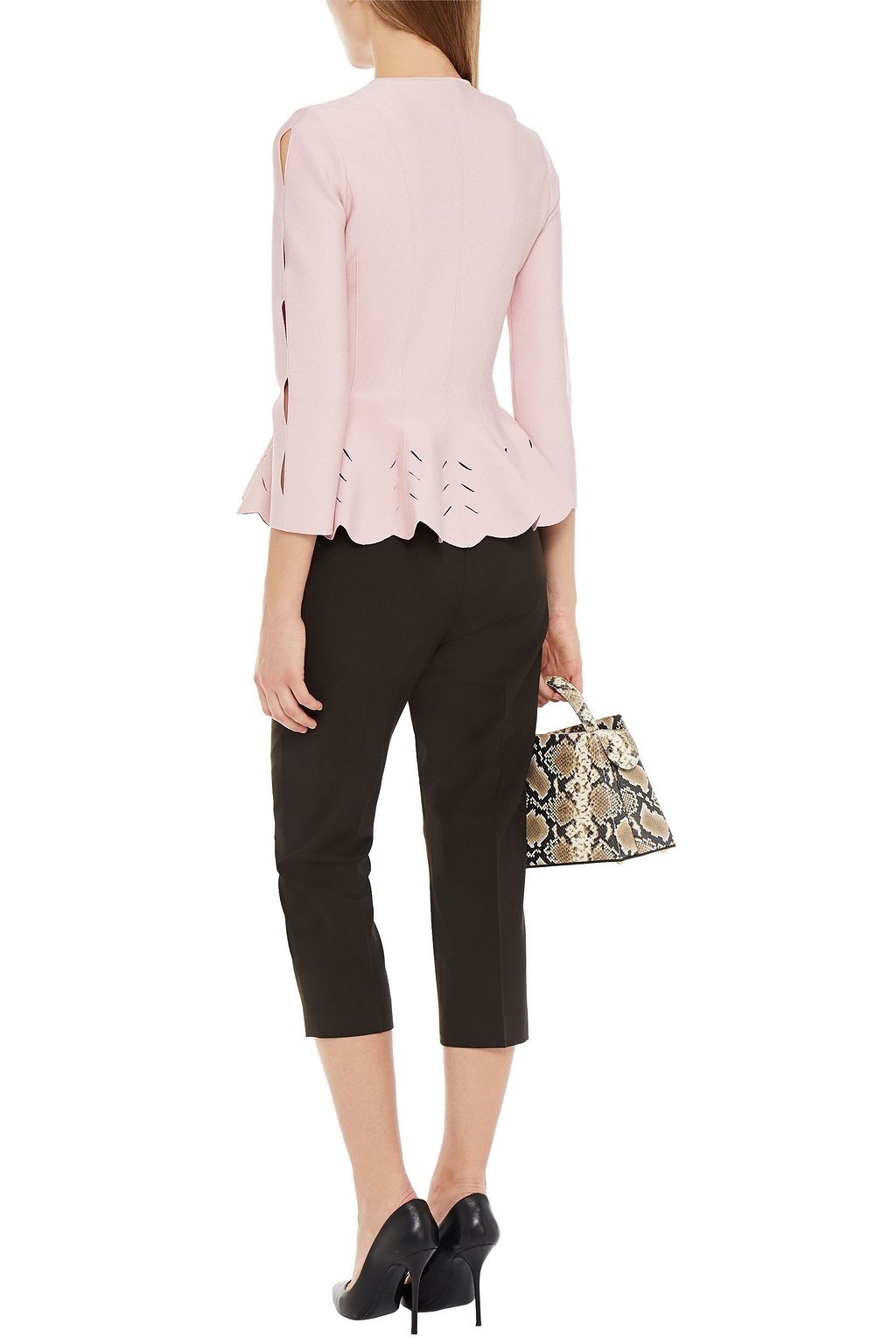 MCQUEEN Laser-cut ribbed-knit peplum cardigan