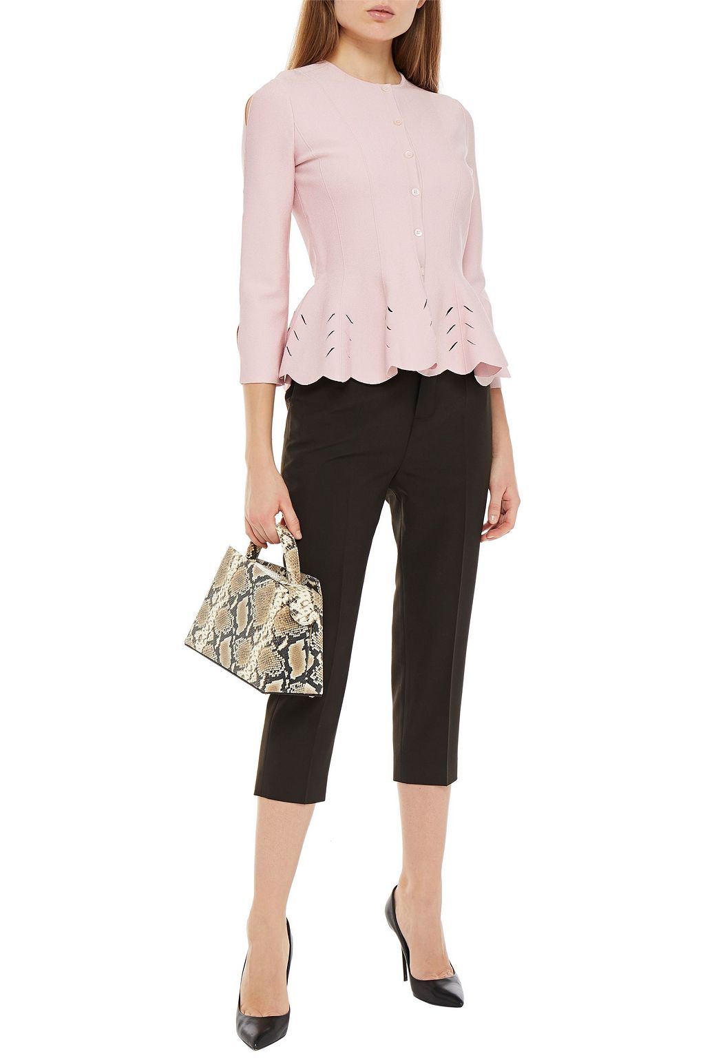 MCQUEEN Laser-cut ribbed-knit peplum cardigan