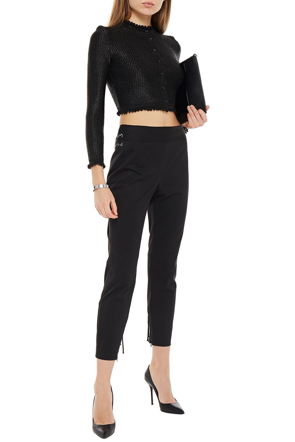 MCQUEEN Ruffle-trimmed cropped metallic knitted cardigan