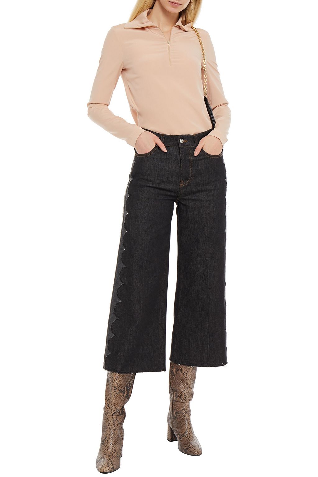 REDVALENTINO Cropped scalloped high-rise wide-leg jeans
