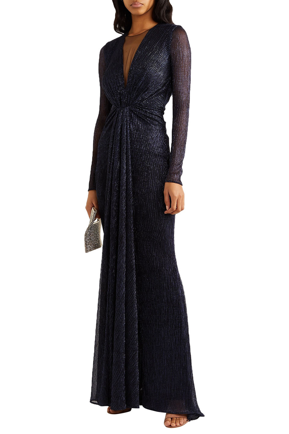 Talbot Runhof Knotted Tulle-trimmed Metallic Voile Gown In Blue