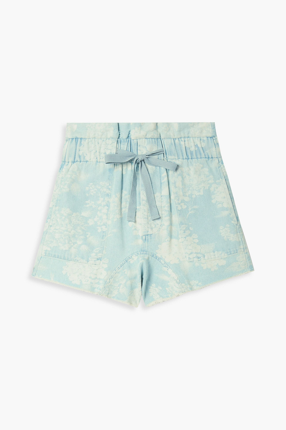 The Great Midland Frayed Floral-print Denim Shorts In Blue