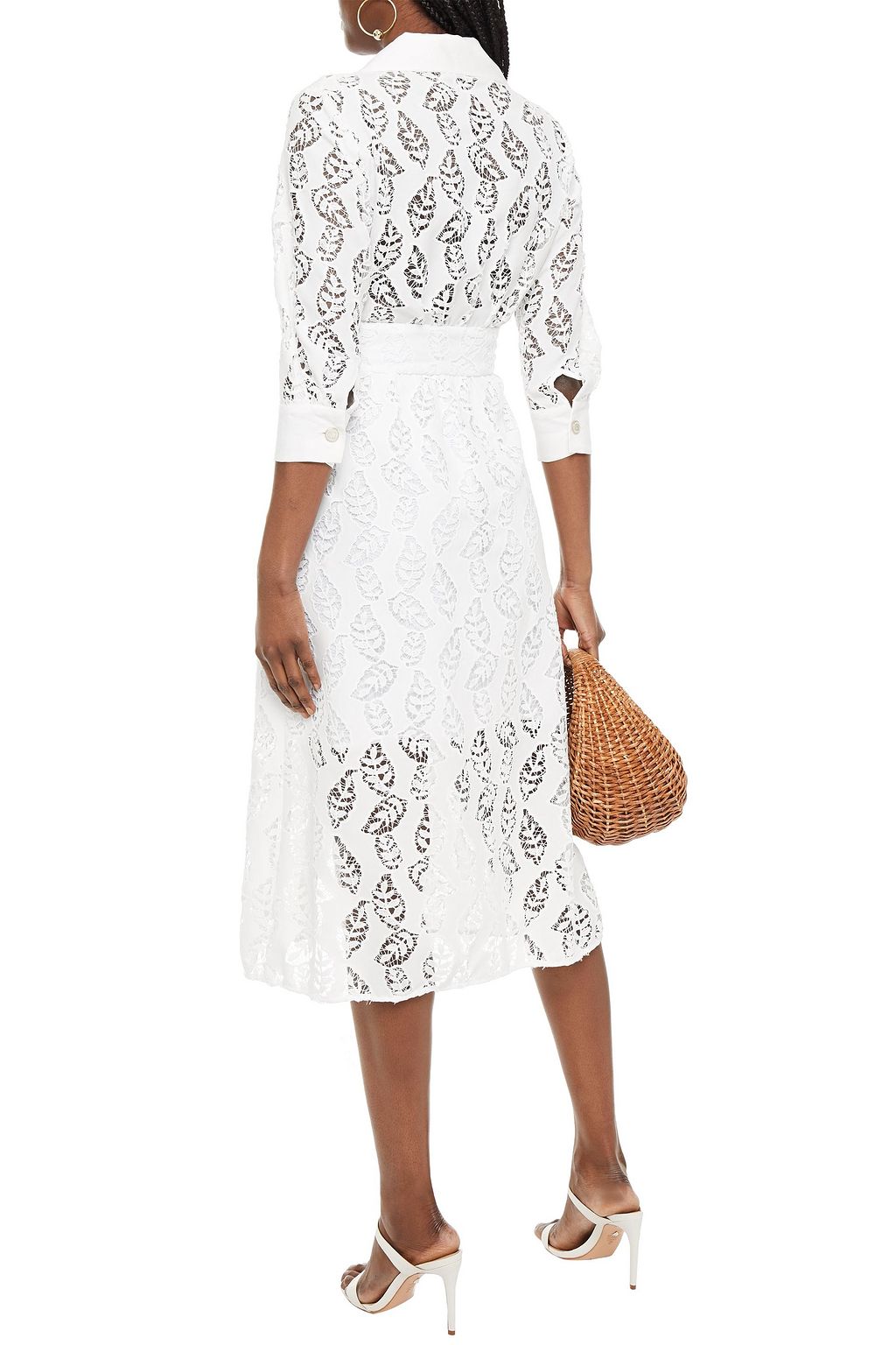 SANDRO Zenali gathered broderie anglaise midi shirt dress