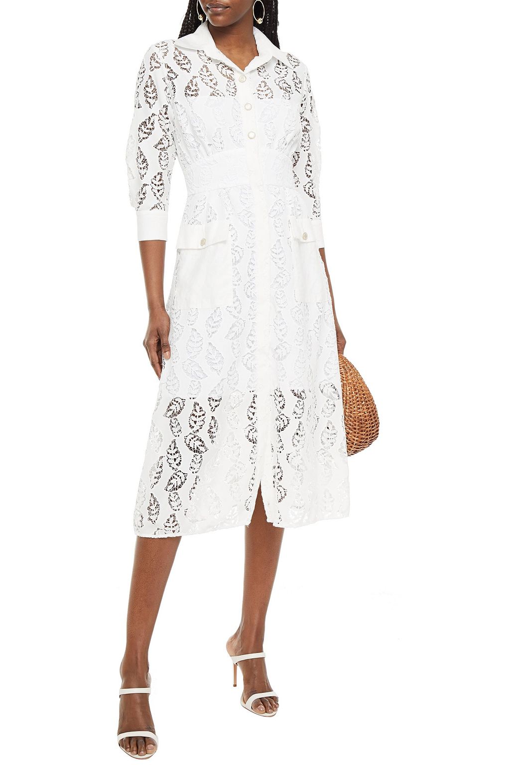 SANDRO Zenali gathered broderie anglaise midi shirt dress