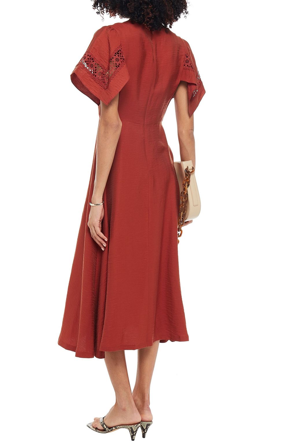 SANDRO Benila guipure lace-paneled crinkled twill midi dress
