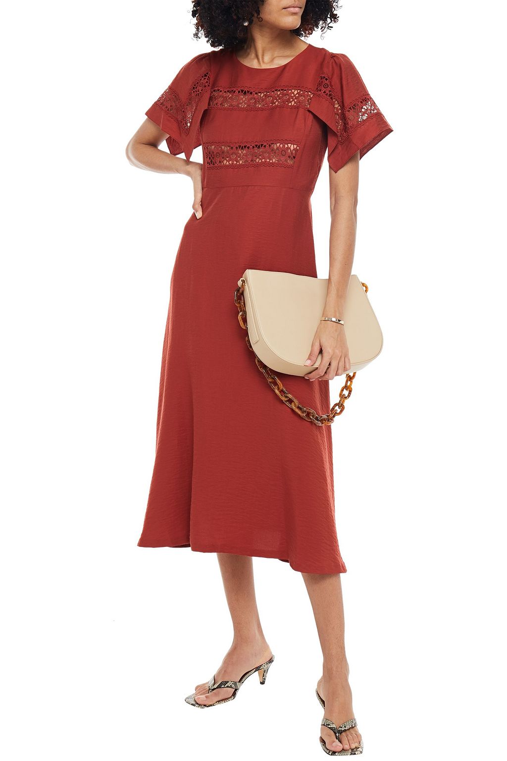 SANDRO Benila guipure lace-paneled crinkled twill midi dress