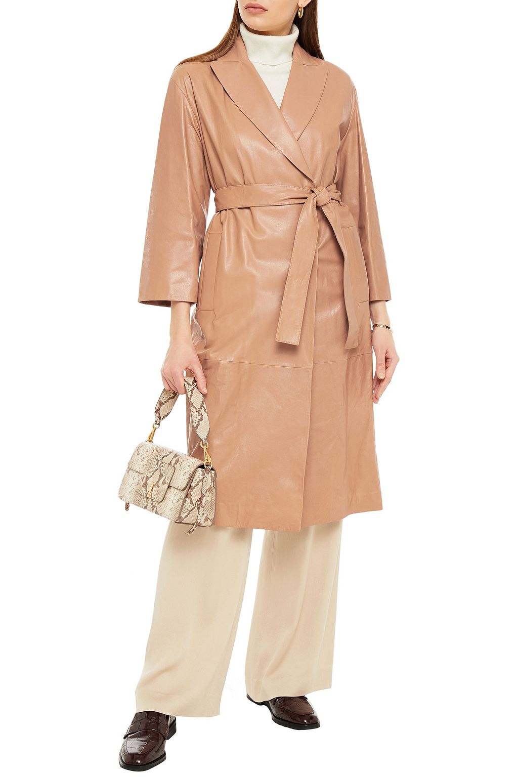 BRUNELLO CUCINELLI Belted bead-embellished leather coat