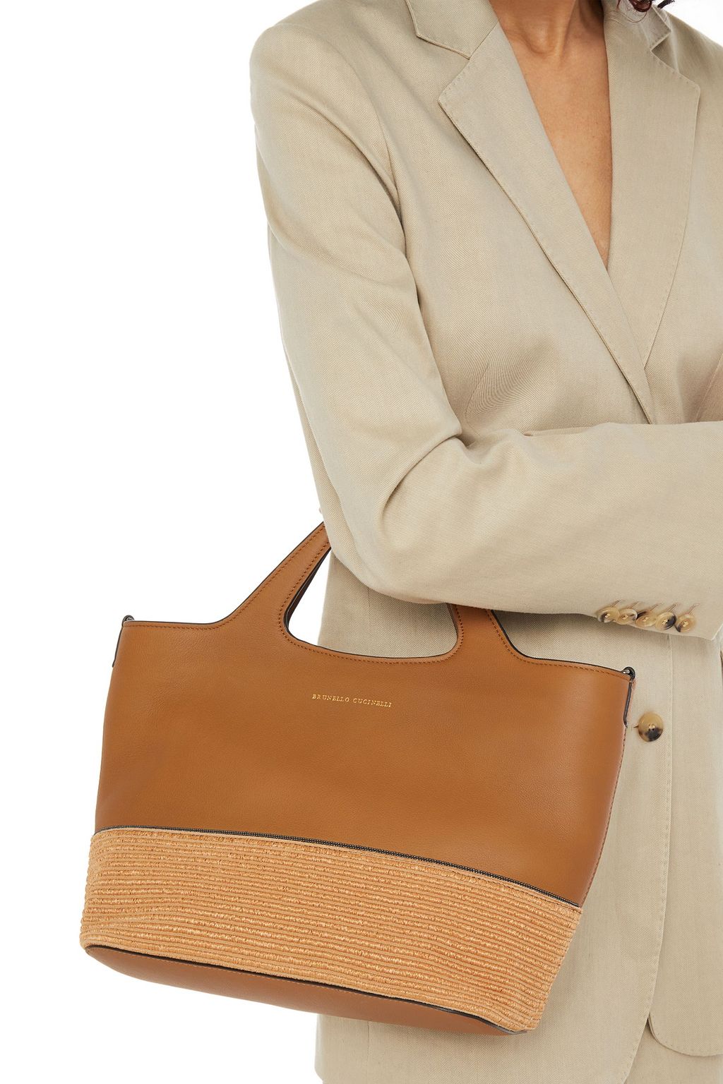 BRUNELLO CUCINELLI Bead-embellished pebbled-leather and faux raffia tote