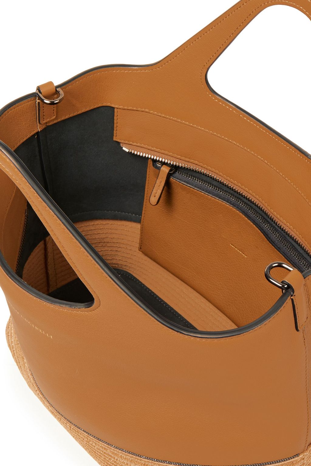 BRUNELLO CUCINELLI Bead-embellished pebbled-leather and faux raffia tote