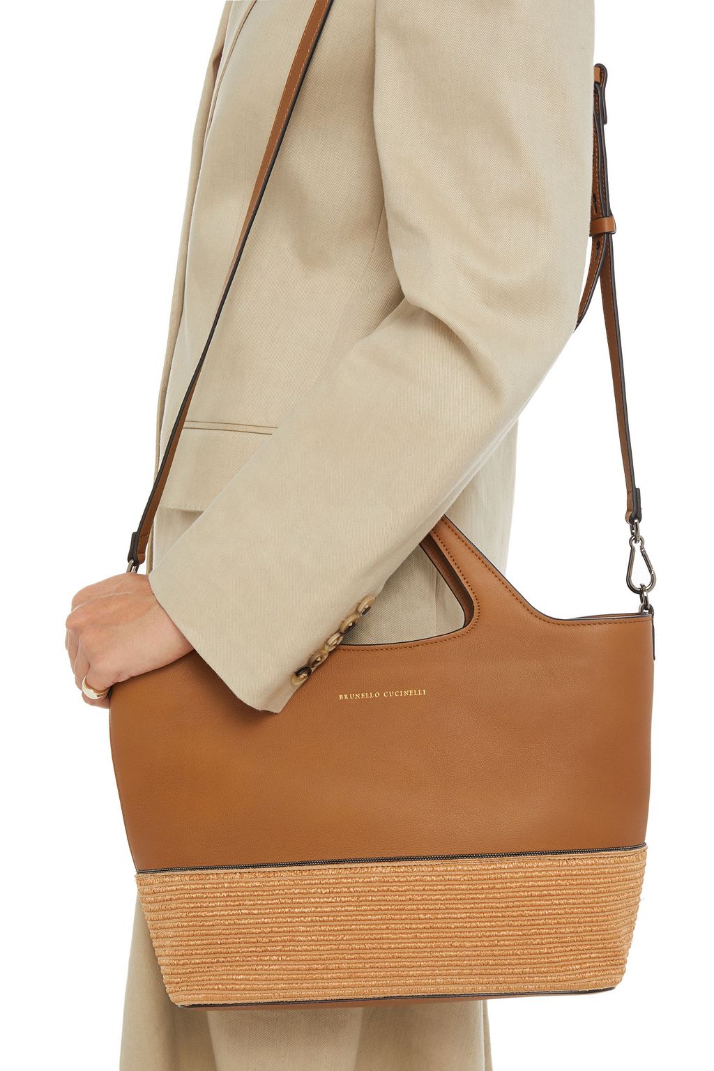BRUNELLO CUCINELLI Bead-embellished pebbled-leather and faux raffia tote