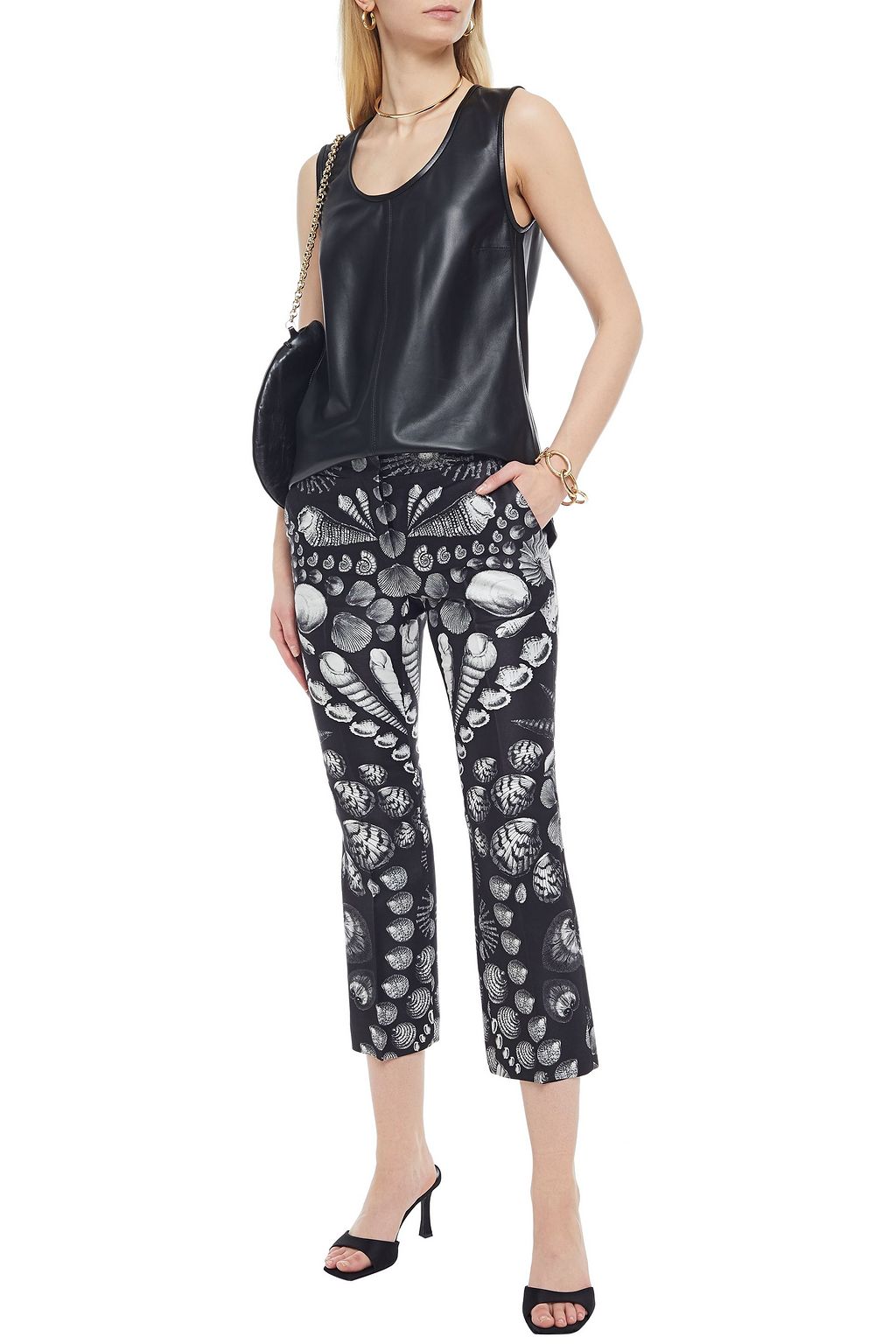 MCQUEEN Printed wool and silk-blend satin-twill kick-flare pants