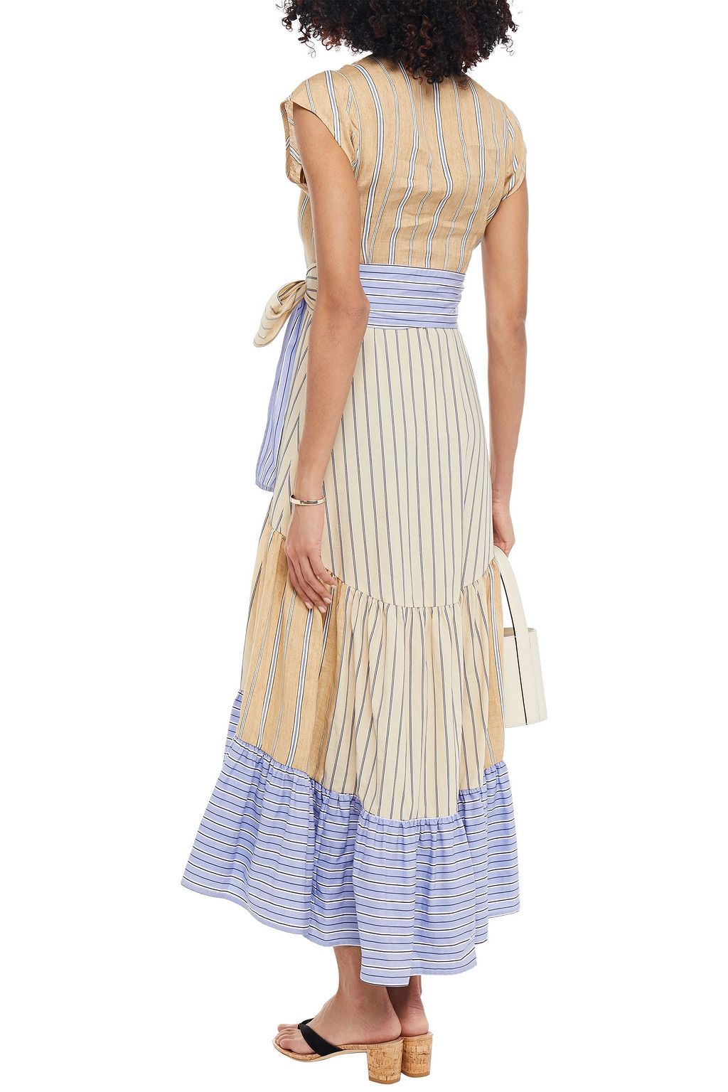 SANDRO Rosanda paneled striped linen-blend midi dress