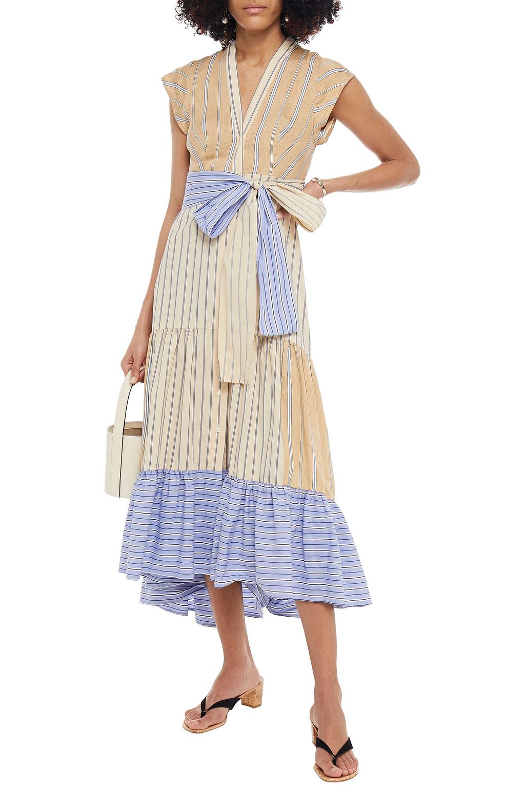 SANDRO Rosanda paneled striped linen-blend midi dress