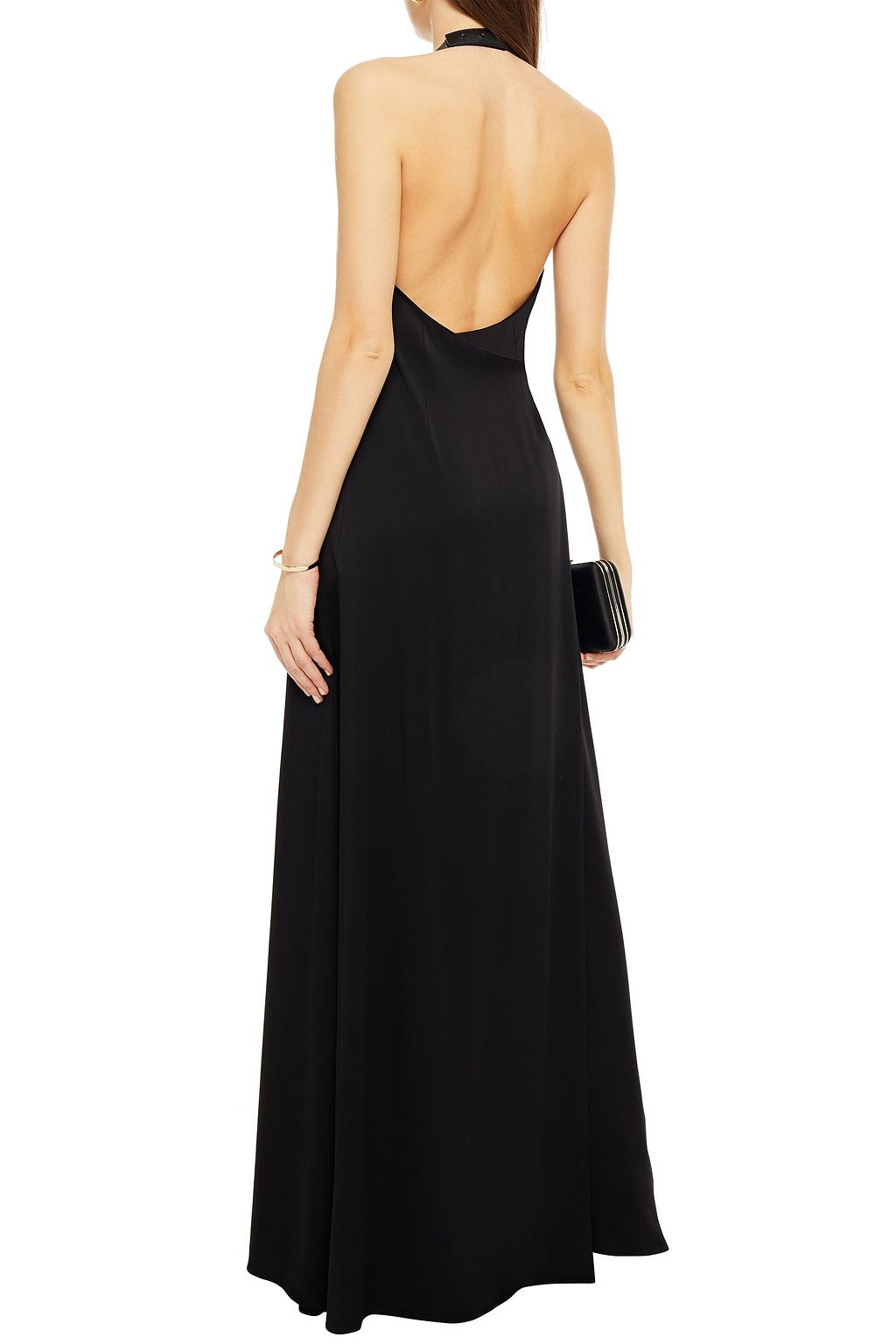 BRUNELLO CUCINELLI Leather-trimmed embellished satin-crepe halterneck maxi dress