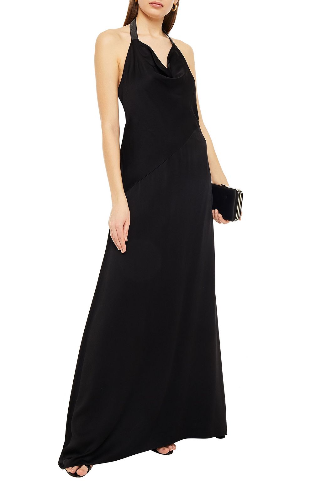 BRUNELLO CUCINELLI Leather-trimmed embellished satin-crepe halterneck maxi dress