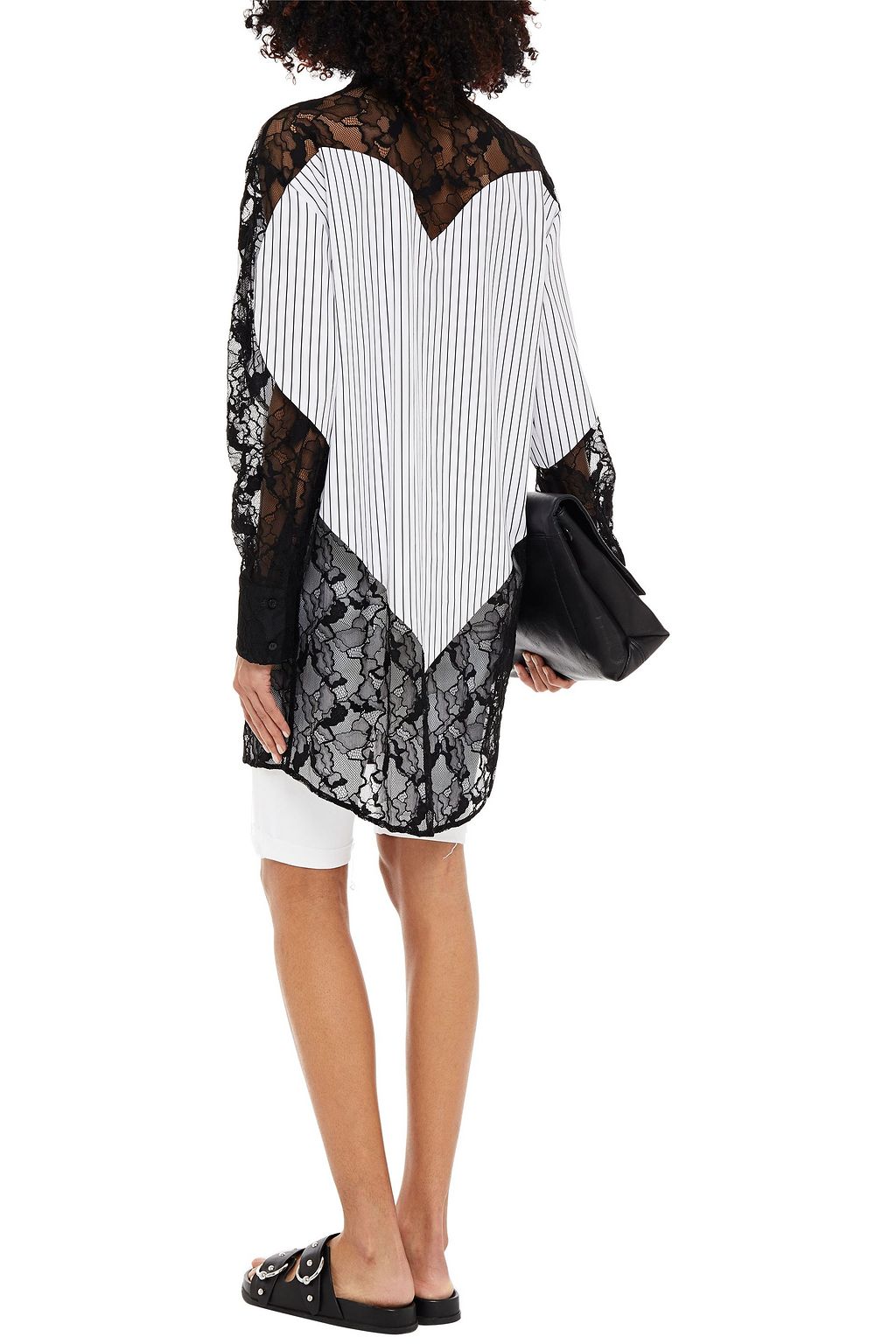 MSGM Corded lace-paneled pinstriped cotton-poplin shirt