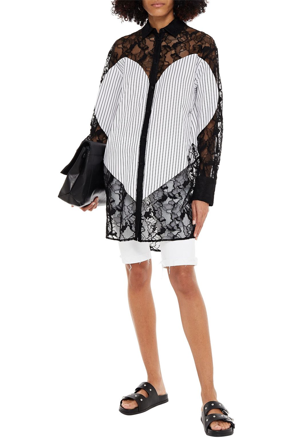 MSGM Corded lace-paneled pinstriped cotton-poplin shirt