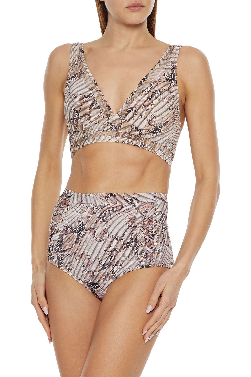 JETS AUSTRALIA BY JESSIKA ALLEN Awakening lace-up mesh-trimmed snake-print high-rise bikini briefs
