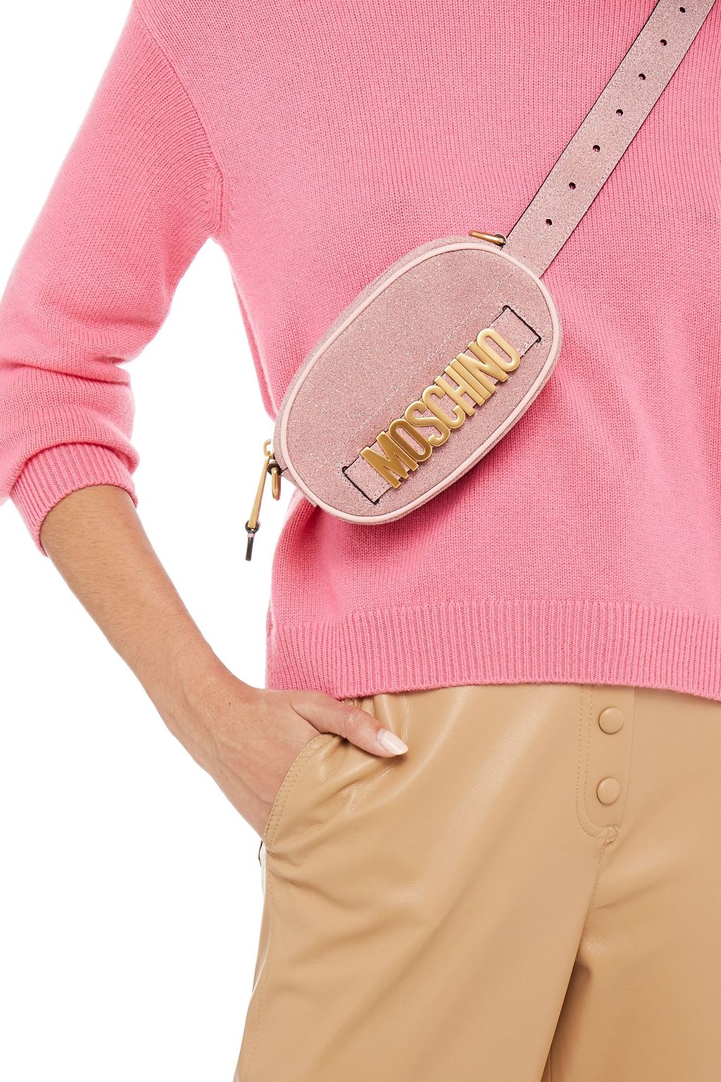 MOSCHINO Logo-embellished glittered suede belt bag