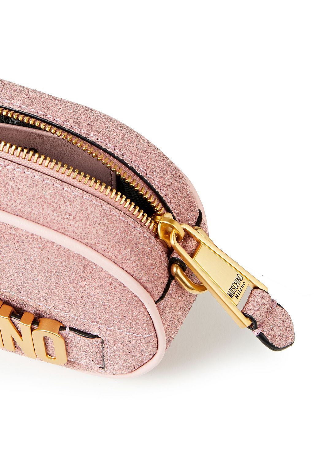 MOSCHINO Logo-embellished glittered suede belt bag