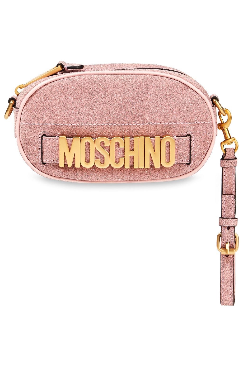 MOSCHINO Logo-embellished glittered suede belt bag