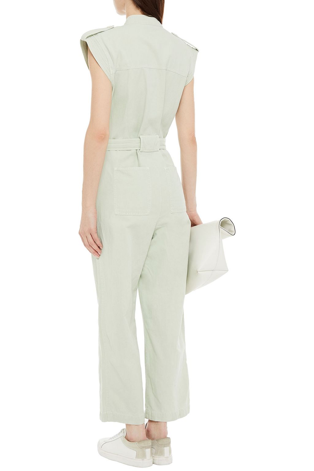 SANDRO Belted cotton and linen-blend twill jumpsuit