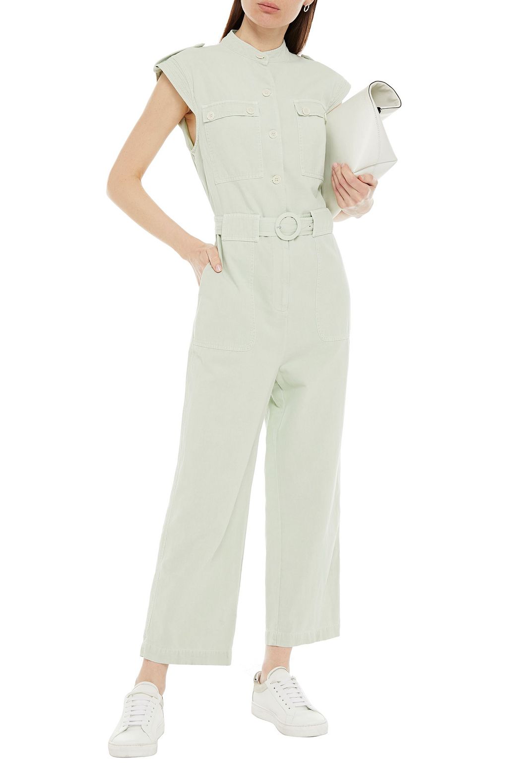 SANDRO Belted cotton and linen-blend twill jumpsuit
