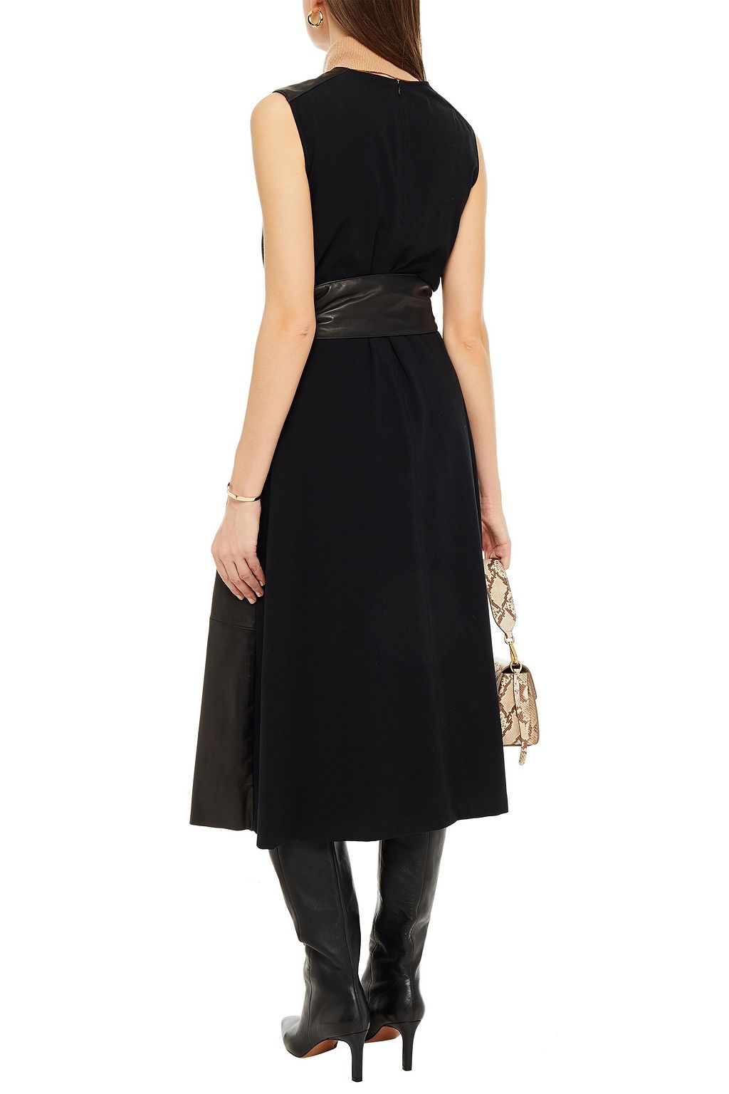 BRUNELLO CUCINELLI Belted jersey-paneled leather midi dress