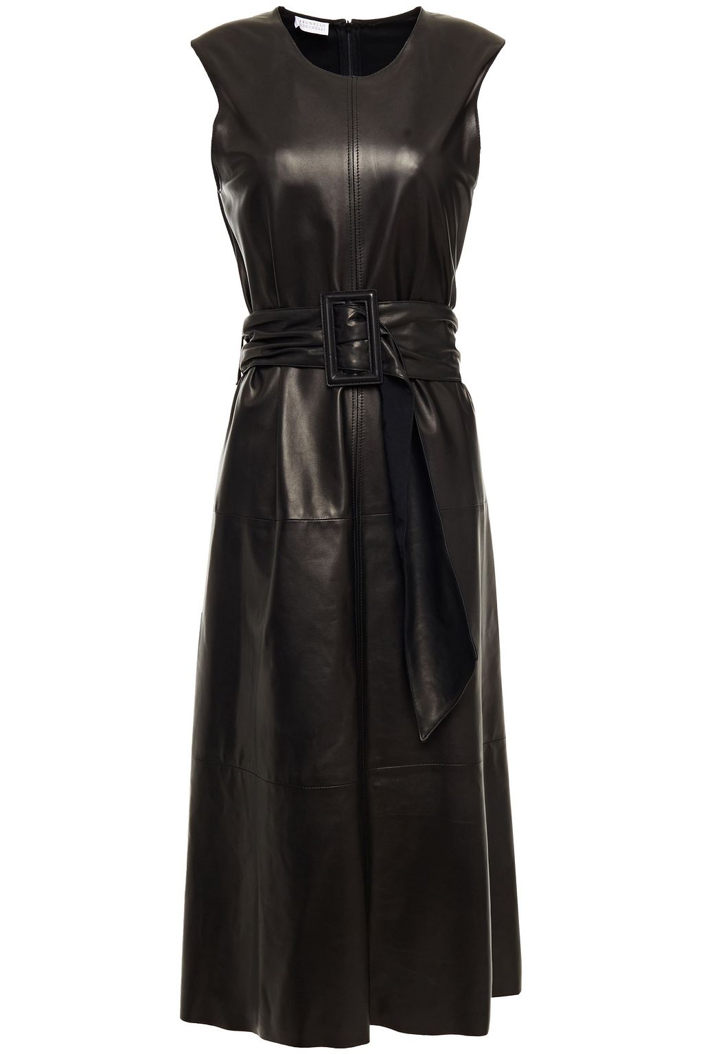 BRUNELLO CUCINELLI Belted jersey-paneled leather midi dress | THE OUTNET