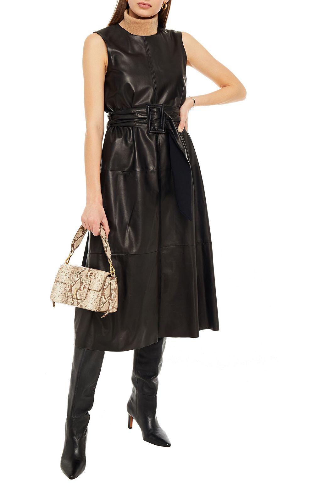 BRUNELLO CUCINELLI Belted jersey-paneled leather midi dress