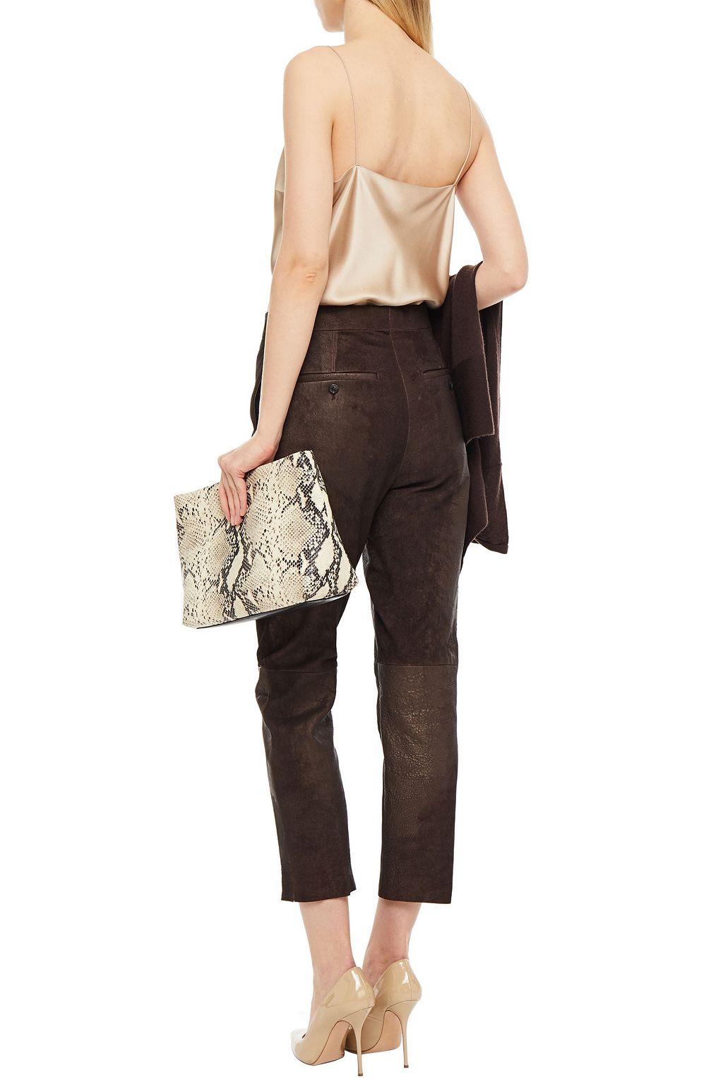 RICK OWENS Cropped paneled suede and brushed-leather tapered pants