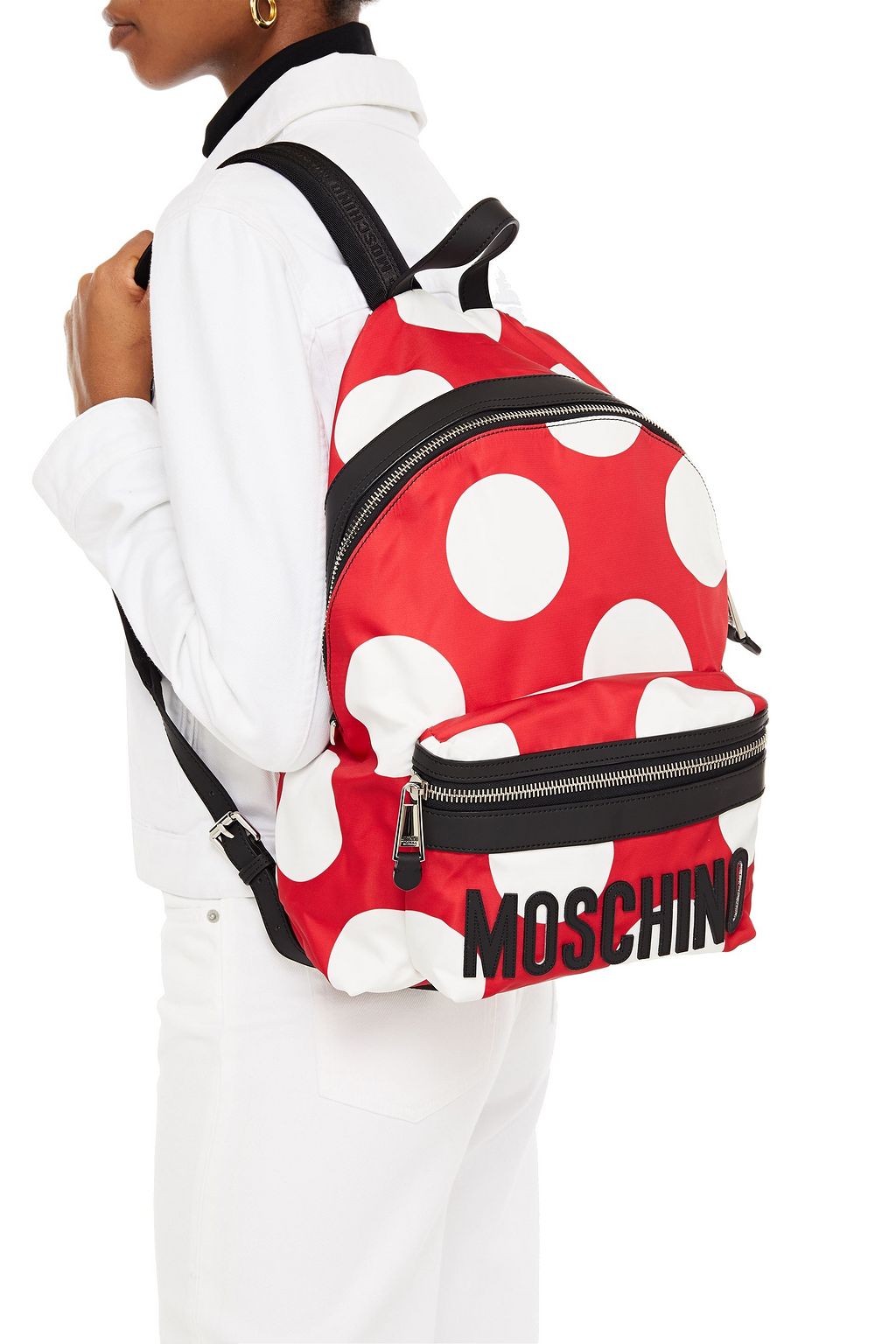 MOSCHINO Leather-trimmed polka-dot shell backpack